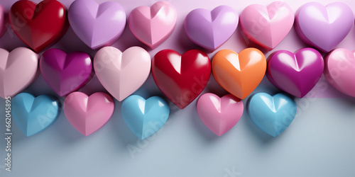 A wall decorated with colorful plastic hearts. A wall for a Valentine's Day photo shoot. Banner with hearts. Copy space