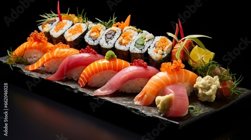 A platter of assorted sushi nigiri, showcasing delicate slices of fish atop small beds of rice.