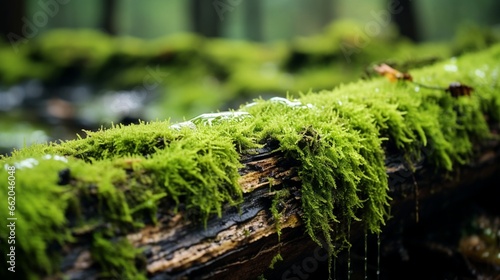 Close-up of moss growing on a log in a damp forest. photo