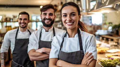 Smiling Team of Chefs Ready to Work in a Restaurant Kitchen photo