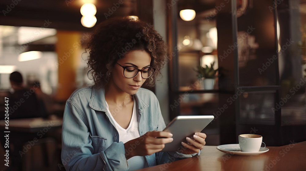 Young Woman Enjoying Coffee and Smartphone in a Cozy Cafe - obrazy, fototapety, plakaty 