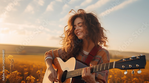 Young Woman Playing Acoustic Guitar in a Serene Countryside Setting
