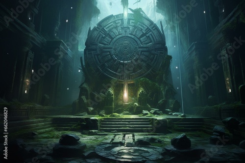 An ancient temple with glowing runes and adventurers exploring its mysteries, in a mysterious and mystical style. Generative AI