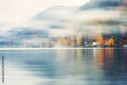 Blurry lakeside scenery. Generative AI