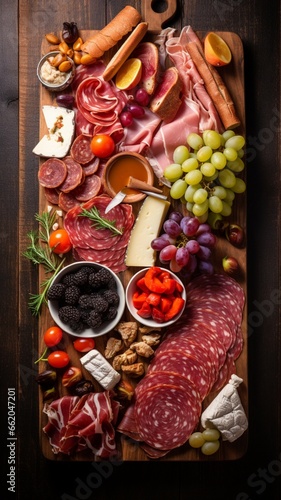 Charcuterie board on a rustic wooden background.