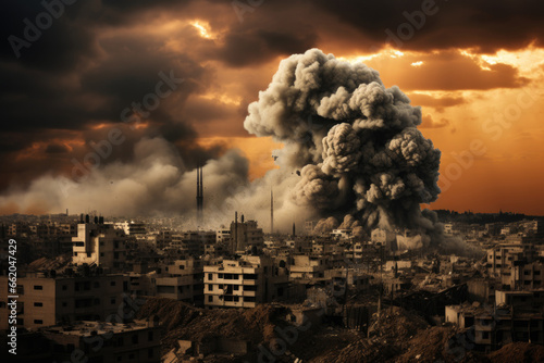 Fototapeta Airstrike on the city, burning houses
