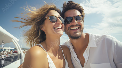 young couple enjoying on a cruiser ship deck on vacation. happy guy and woman sailing on holiday smiling together © pixelrain