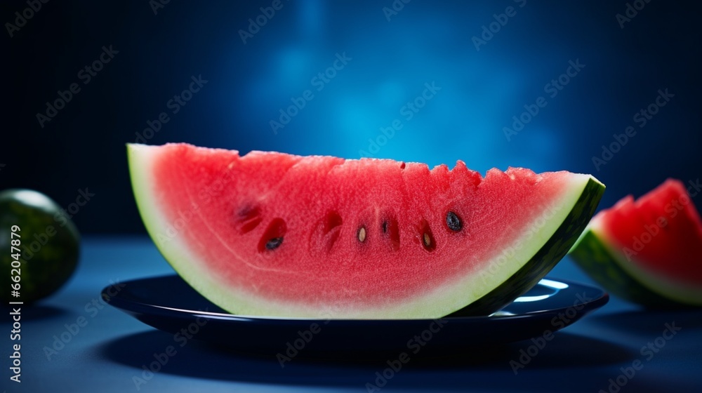 Juicy watermelon slice on a white plate against a deep indigo background, offering ample copy space for mouthwatering advertisements. Juicy watermelon slice on a white plate against a deep indigo background, offering ample copy space for mouthwatering advertisements.