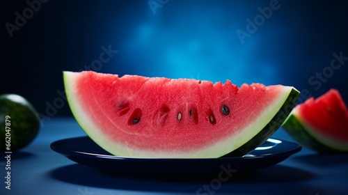 Juicy watermelon slice on a white plate against a deep indigo background  offering ample copy space for mouthwatering advertisements.