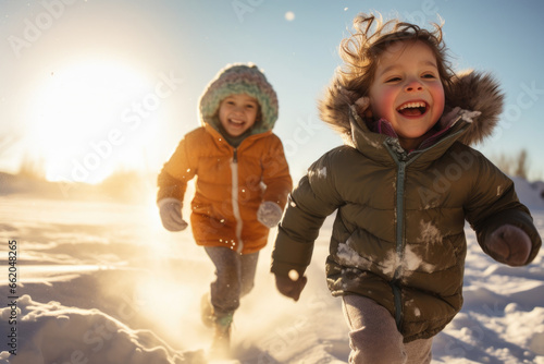 Two happy little kids running after each other
