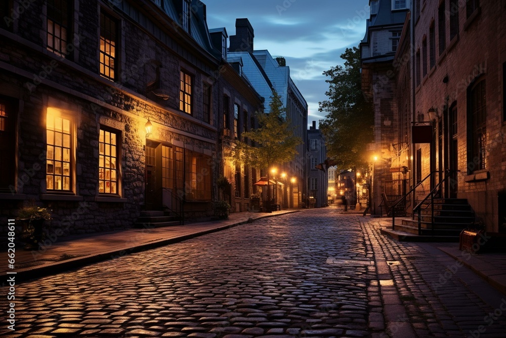 Twilight scene of historic cobblestone streets in Montreal's old city. Generative AI