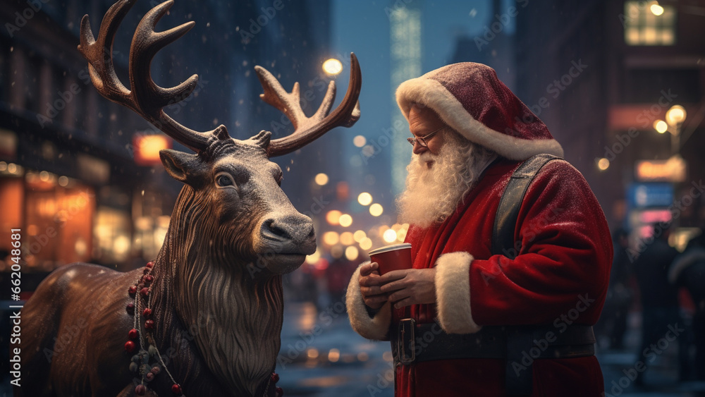 Santa and Rudolph appear on the streets of the city on a winter night during Christmas