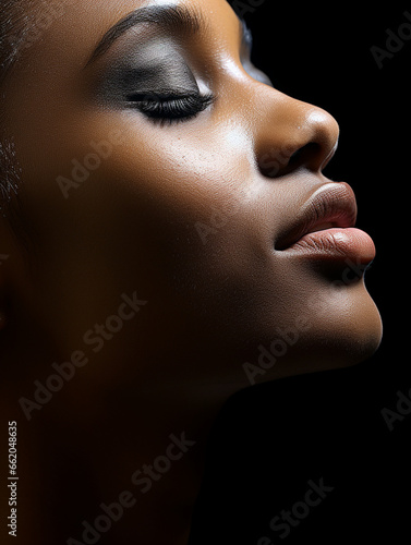 Wunderschönes Gesicht einer Afroamerikanischen Frau mit silbernen Make up für Kosmetik als Poster Nahaufnahme, ai generativ