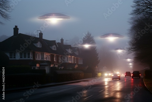 UFO lights in sky over quiet suburban road on foggy winter day in UK. Generative AI