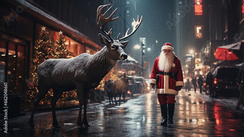 Santa and Rudolph appear on the streets of the city on a winter night during Christmas © 대연 김