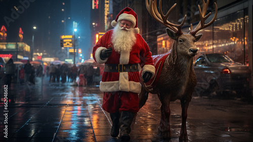 Santa and Rudolph appear on the streets of the city on a winter night during Christmas