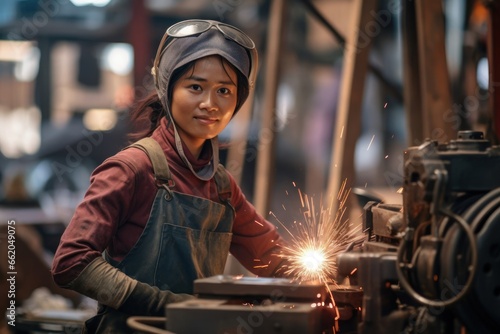 Asian Woman Welder Industry Lifestyle Background Generative AI © Johnathan