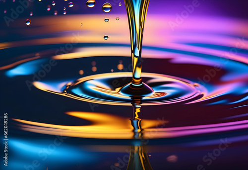 Beautiful drops and splashes of oil on the surface of the water with bright colors in the background,
