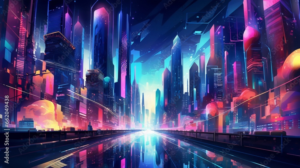 Craft an abstract landscape inspired by the energy of a city's nightlife, with neon signs and lights creating a vibrant atmosphere.