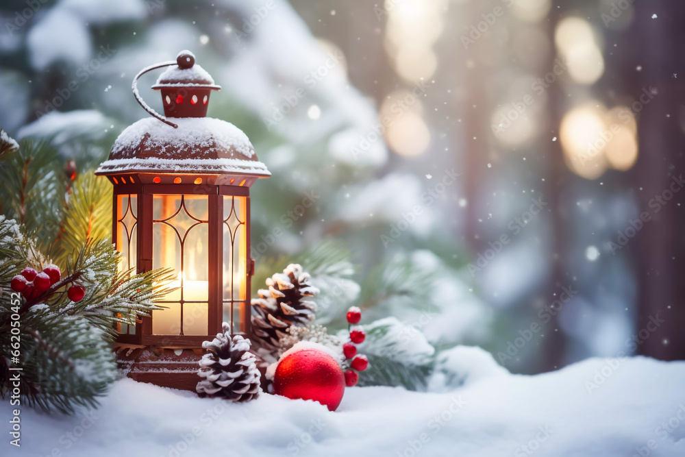 Christmas Lantern in the snow with pine cones and berries on a snowy bokeh background Christmas card image desktop background Christmas Lantern in the snow with pine cones and berries on a snowy bokeh background Christmas card image desktop background