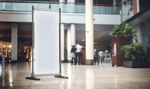 roll up mockup poster stand in an shopping center restaurant mall environment as poster stand banner design with blank empty copy space area photo