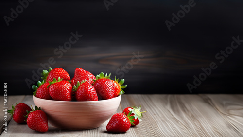 Bowl of fresh strawberries on a wooden table on dark background with copy space for text