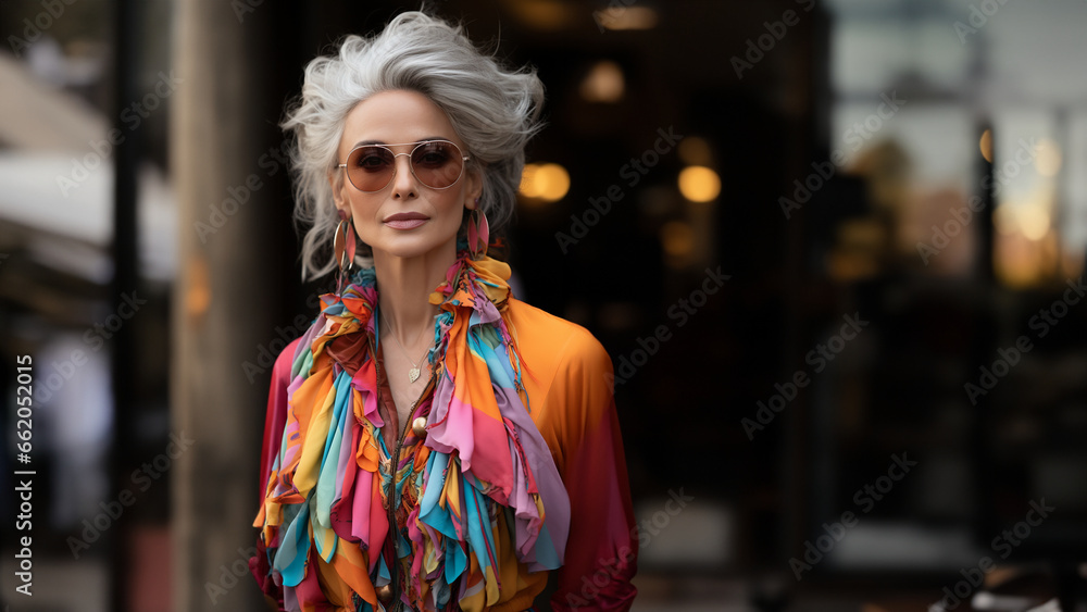 Reifere hübsche Model Frau mit grauen Haaren und bunten Designer Fashion Kleidung mit Popiger Sonnenbrille lacht im Querformat für Banner, ai generativ