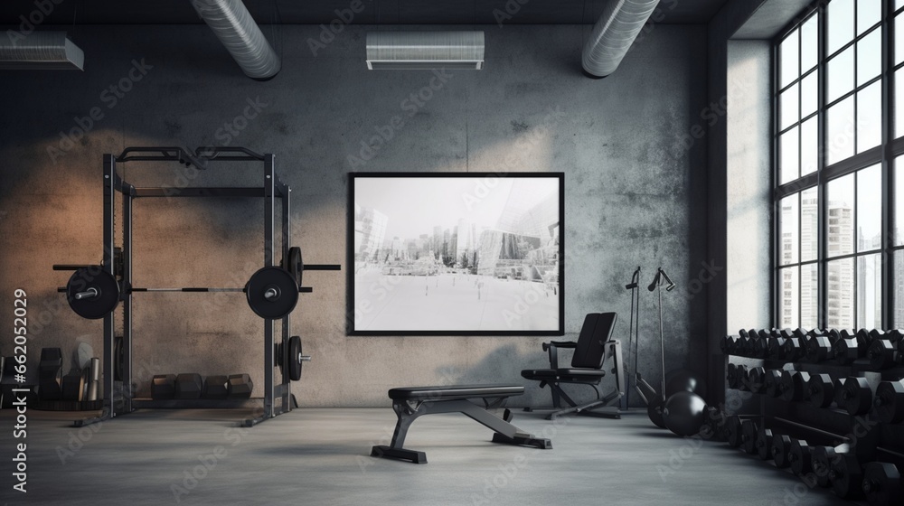 poster blank mockup for a fitness center with gym equipment in the background. - obrazy, fototapety, plakaty 