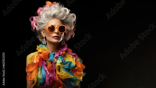 Reifere hübsche Model Frau mit grauen Haaren und bunten Designer Fashion Kleidung mit Popiger Sonnenbrille lacht im Querformat für Banner, ai generativ