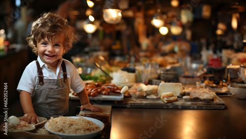 Süßes kleines Kind als Koch hilt in der Küche beim kochen und lacht im Querformat als Banner, ai genrativ