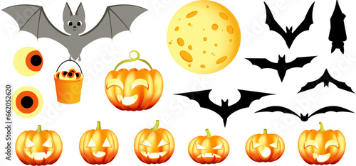 Halloween, flat vector artwork set, bat, moon, bat sets, bucket with eyes, pumpkins. EPS10