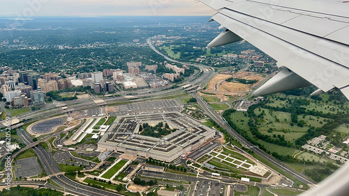 Aerial view of the US Department of Defense and Arlington Cemetery under the wing.
 photo