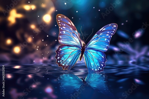 a blue butterfly flies on a water background Generative AI