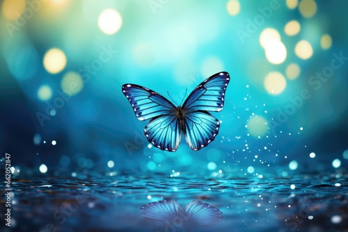 an image of a blue butterfly flying over sparkling water Generative AI