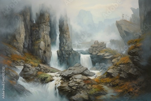 A painting of a waterfall in a rocky landscape with a river  cliff  fog  and mist. Generative AI