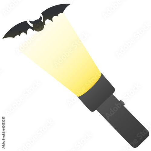 Flashlight with light beam and bat silhouette, Halloween