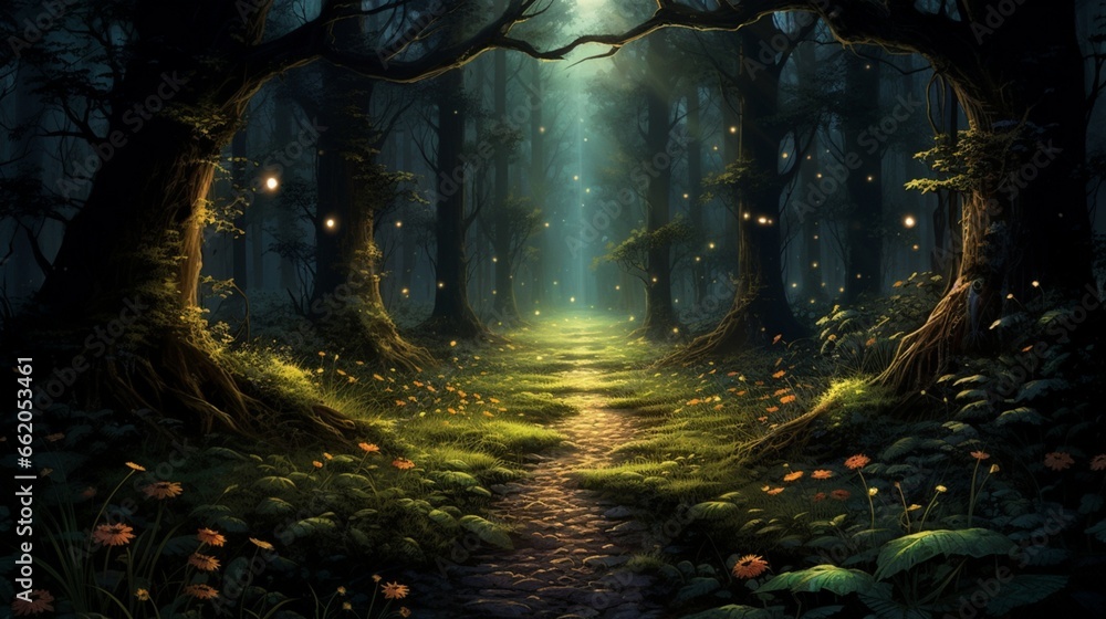 Obraz na płótnie Darkened forest pathway illuminated only by the faint glow of fireflies. w salonie