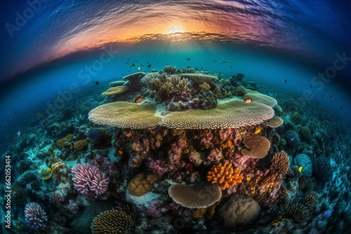 A majestic and colorful underwater world with glowing corals and friendly secreatures at sunset, captured in a stunning aerial view with a touch of fantasy, showcasing breathtaking. Generative AI