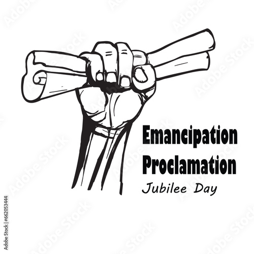 Scroll depicting the events that led o the Emancipation Proclamation, with a hand 