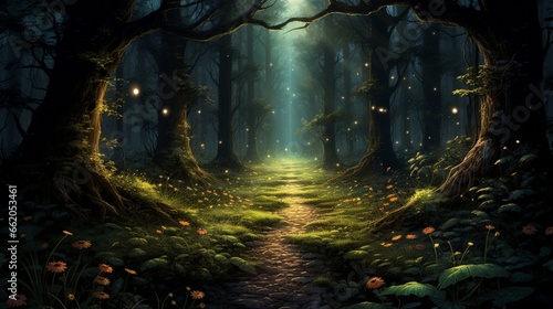 Darkened forest pathway illuminated only by the faint glow of fireflies. © UMR