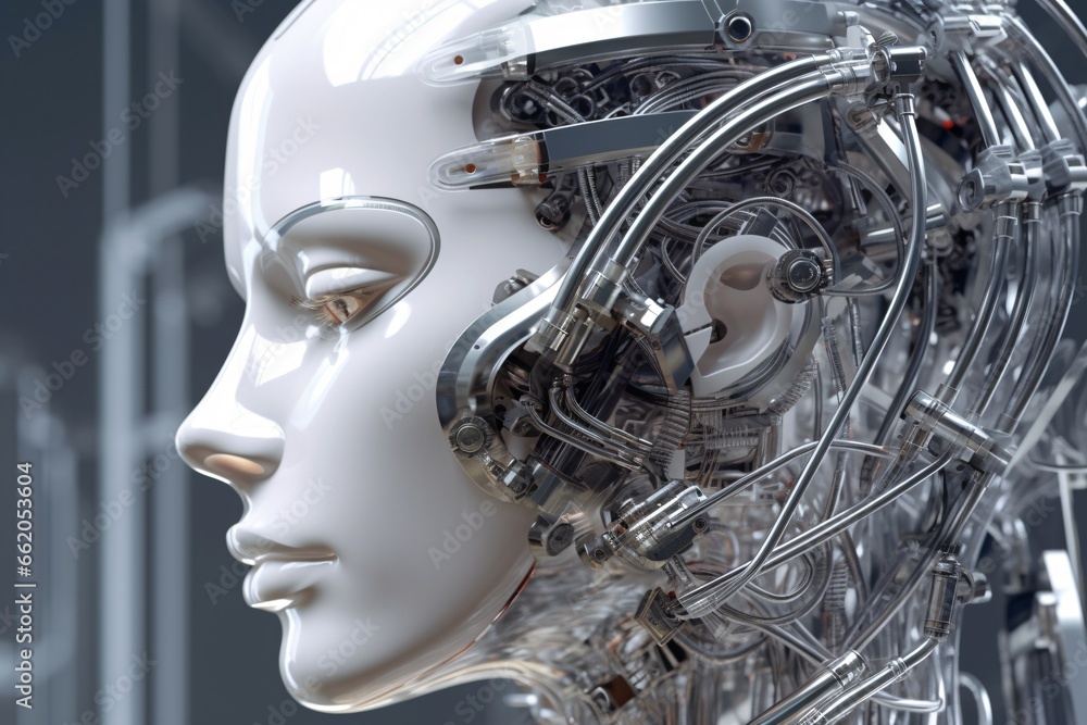 Fototapeta premium Cyborg female. Cyborg head. Cybernetic organism. Mechanical robot. Future technologies. Artificial intelligence.