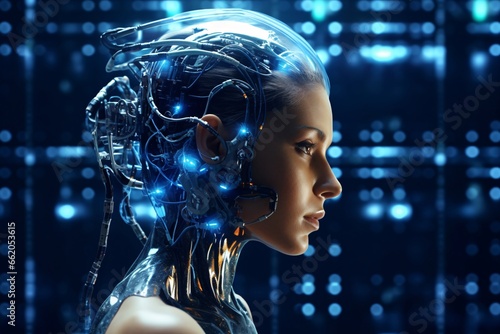 Cyborg female. Cyborg head. Cybernetic organism. Mechanical robot. Future technologies. Artificial intelligence.