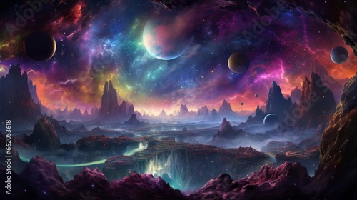 Design a cosmic dreamscape where vibrant starscapes and nebulous galaxies converge in a cosmic symphony.