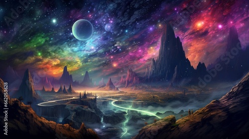 Design a cosmic dreamscape where vibrant starscapes and nebulous galaxies converge in a cosmic symphony.