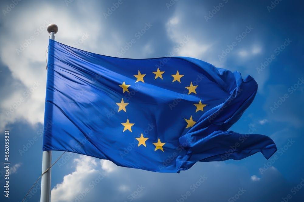 Satin European Union flag waving in the wind. Generative Ai Satin European Union flag waving in the wind. Generative Ai