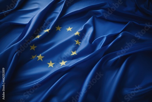 Satin European Union flag waving in the wind. Generative Ai photo