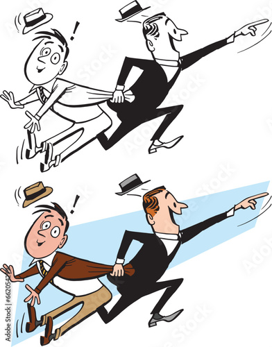 A vintage retro cartoon of two businessmen rushing off to an important meeting. 