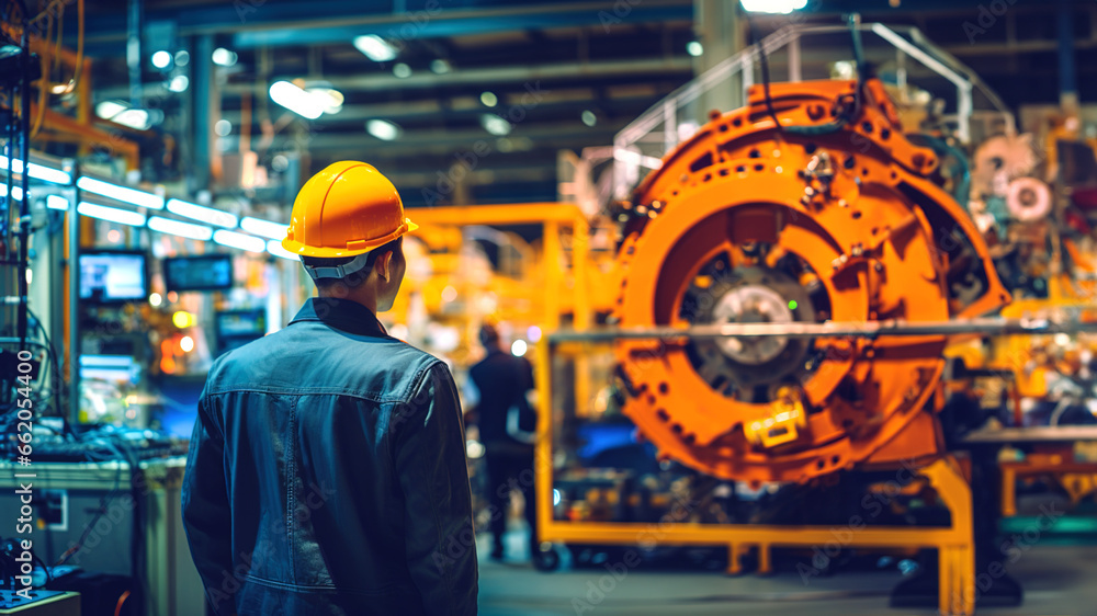 Fototapeta premium An expansive industrial facility, an amalgamation of technology and design. Modern machinery hums with activity as workers operate, showcasing advanced manufacturing.