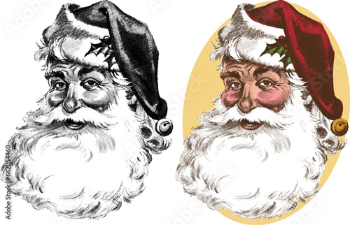 A vintage retro illustration of a portrait of jolly old Saint Nick, Santa Claus.