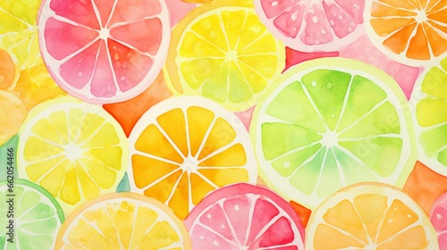 Design an abstract watercolor pattern resembling a playful mosaic of citrus and tropical fruit colors.